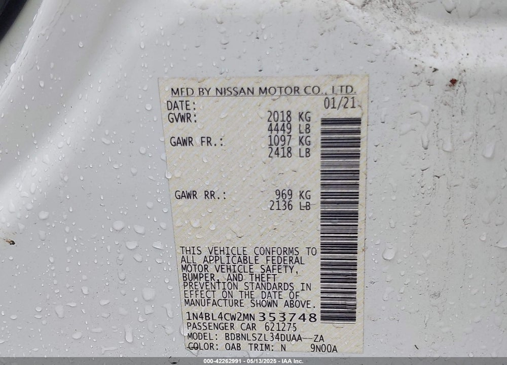 2021 NISSAN ALTIMA VIN: 1N4BL4CW2MN353748