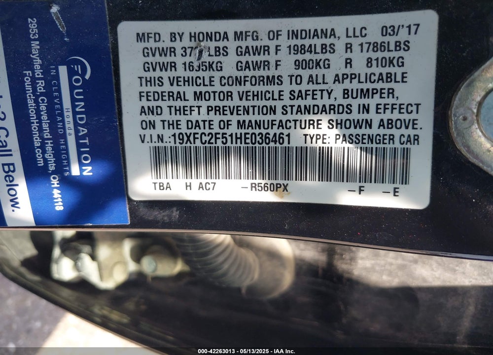 2017 HONDA CIVIC VIN: 19XFC2F51HE036461