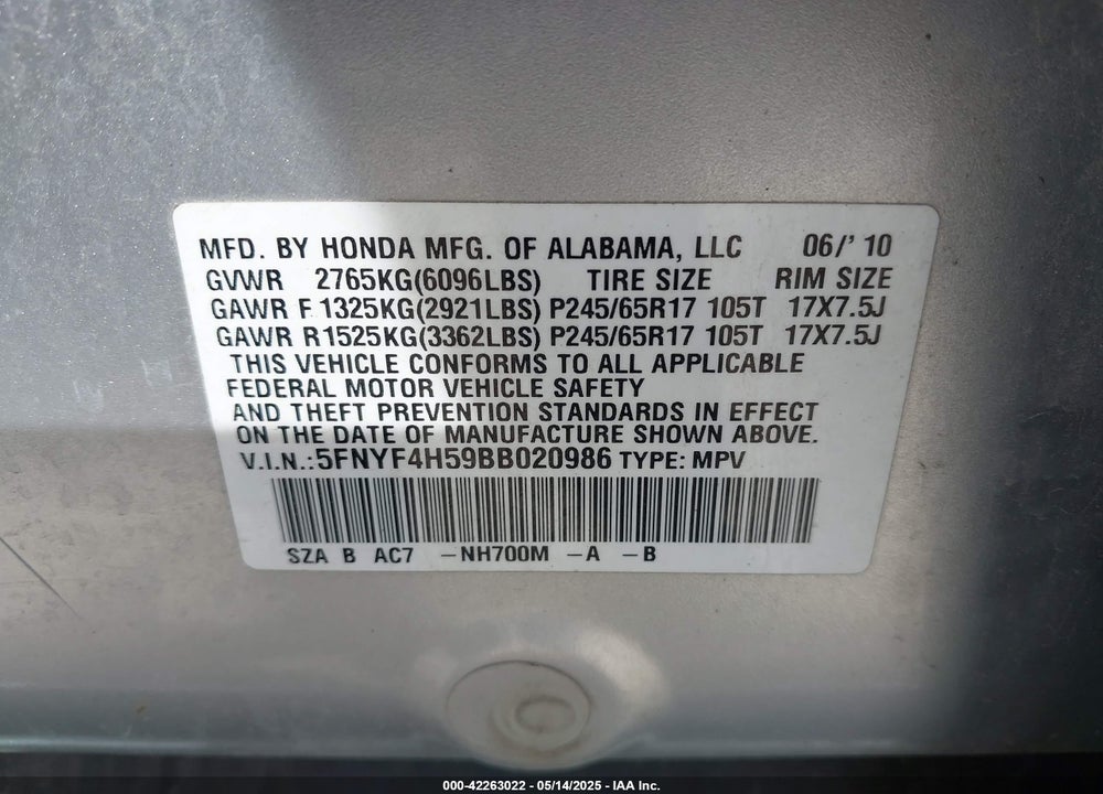 2011 HONDA PILOT VIN: 5FNYF4H59BB020986