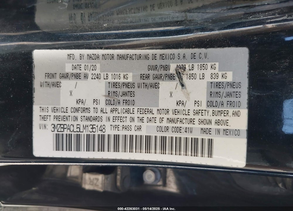 2020 MAZDA 3 SELECT PACKAGE VIN: 3MZBPACL5LM135148