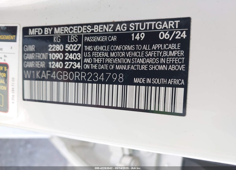 2024 MERCEDES-BENZ C CLASS VIN: W1KAF4GB0RR234798