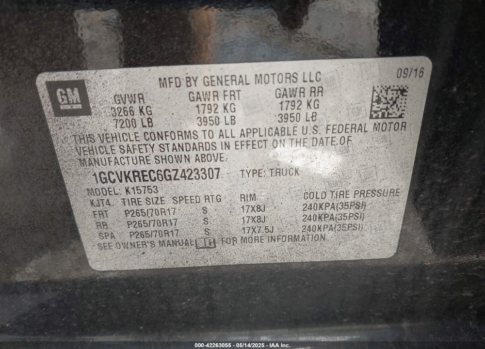 2016 CHEVROLET SILVERADO 1500 LT VIN: 1GCVKREC6GZ423307