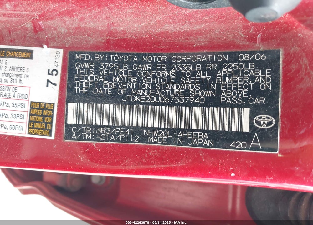 2006 TOYOTA PRIUS VIN: JTDKB20U067537940