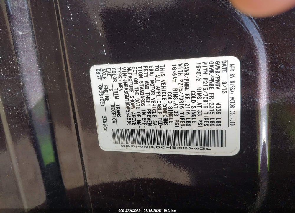 2013 NISSAN ROGUE S VIN: JN8AS5MT9DW554595