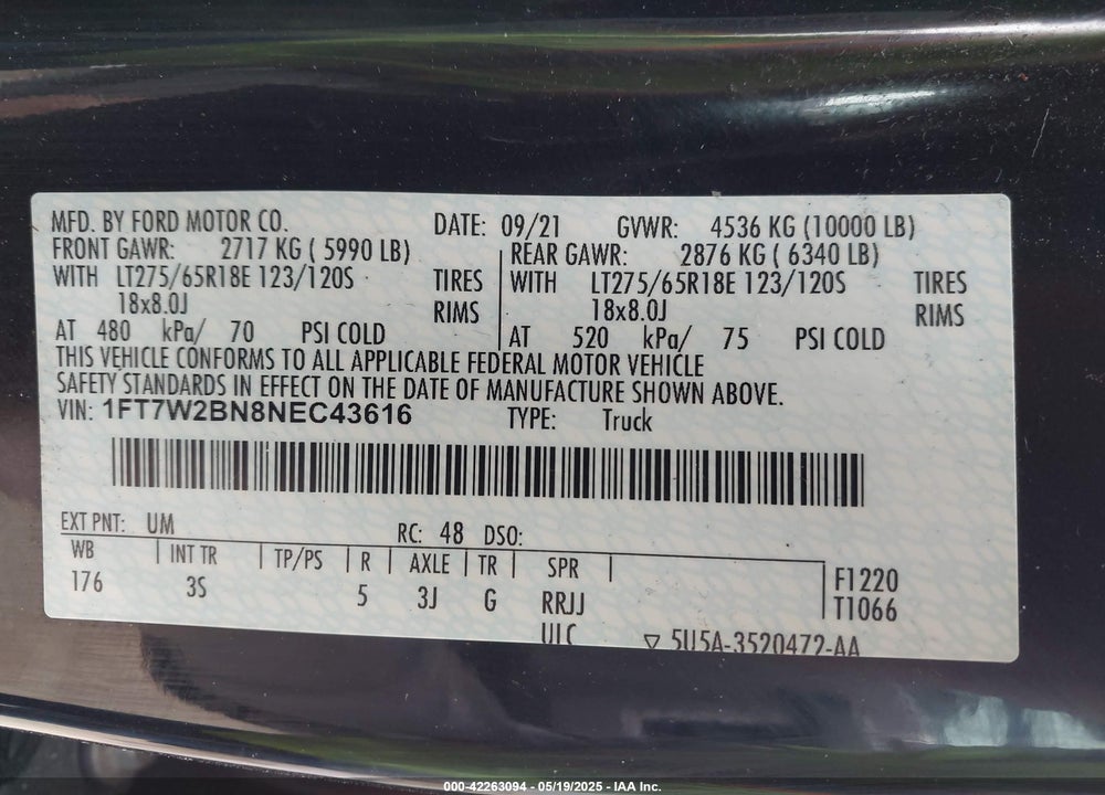 2022 FORD F-250 VIN: 1FT7W2BN8NEC43616