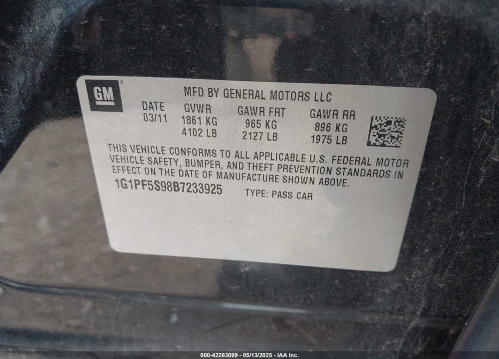 2011 CHEVROLET CRUZE VIN: 1G1PF5S98B7233925