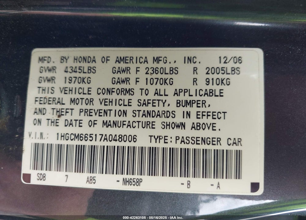 2007 HONDA ACCORD 3.0 EX VIN: 1HGCM66517A048006