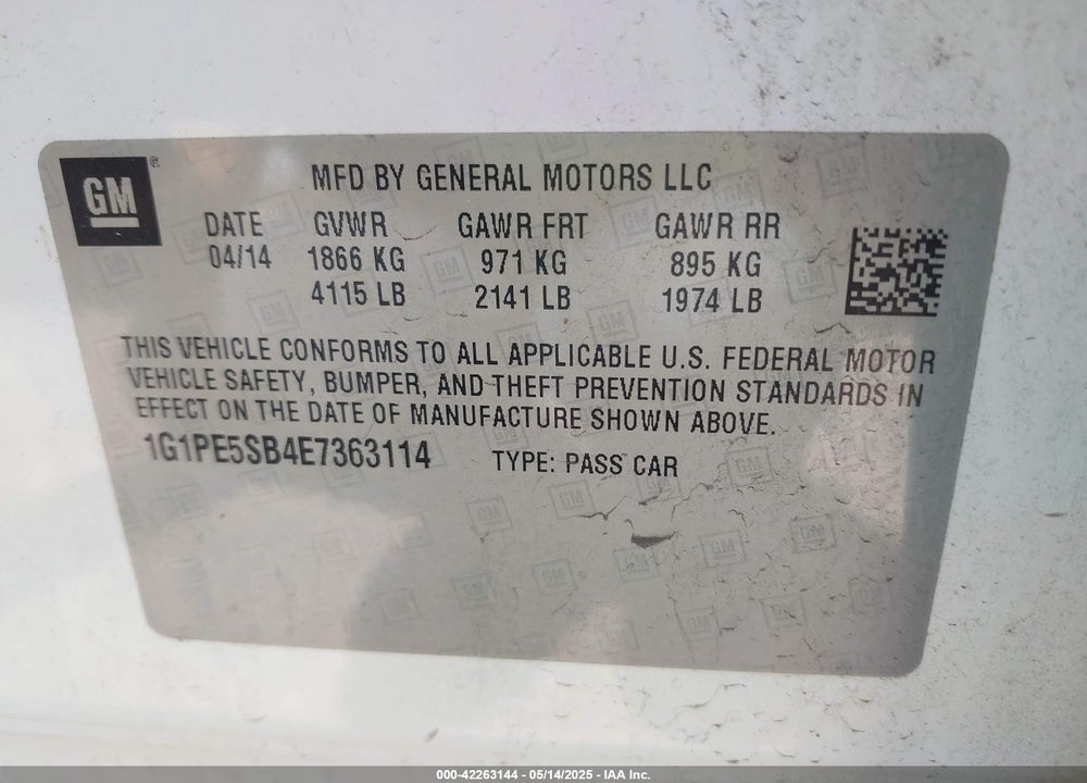 2014 CHEVROLET CRUZE 2LT AUTO VIN: 1G1PE5SB4E7363114