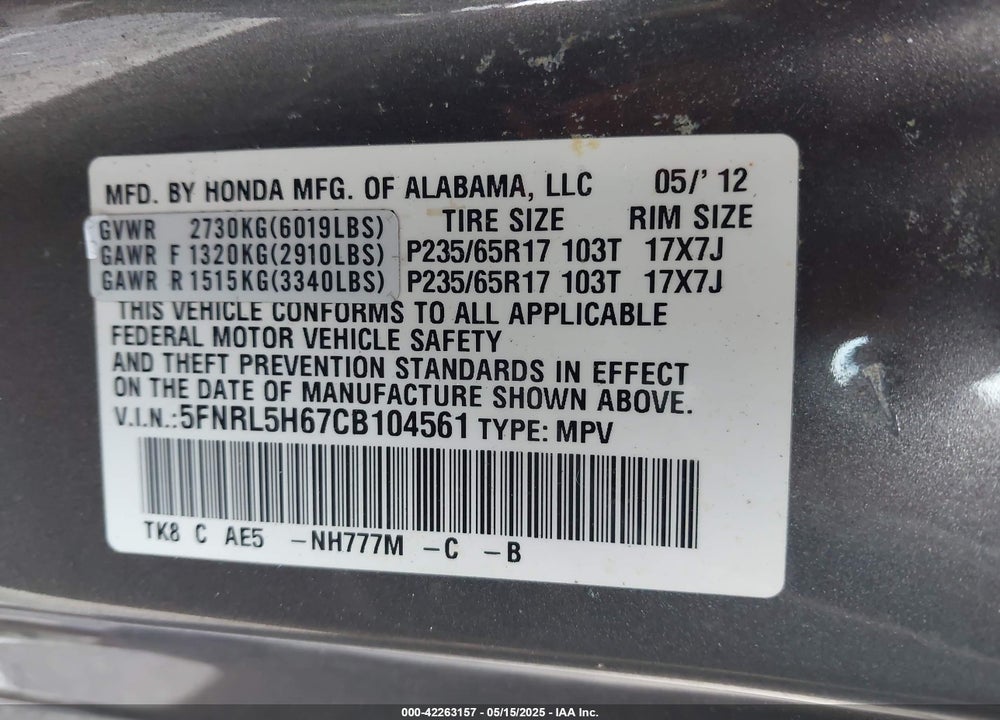 2012 HONDA ODYSSEY VIN: 5FNRL5H67CB104561