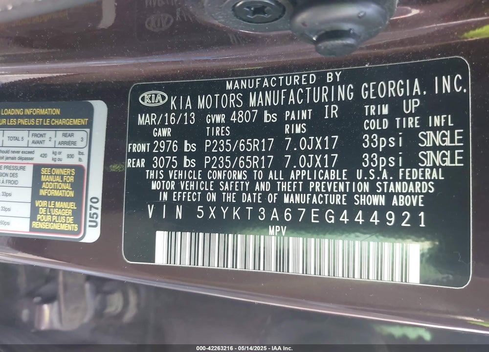 2014 KIA SORENTO VIN: 5XYKT3A67EG444921