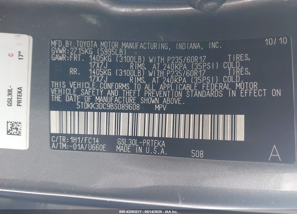 2011 TOYOTA SIENNA LE V6/LE V6 AUTO ACCESS SEAT VIN: 5TDKK3DC9BS089608