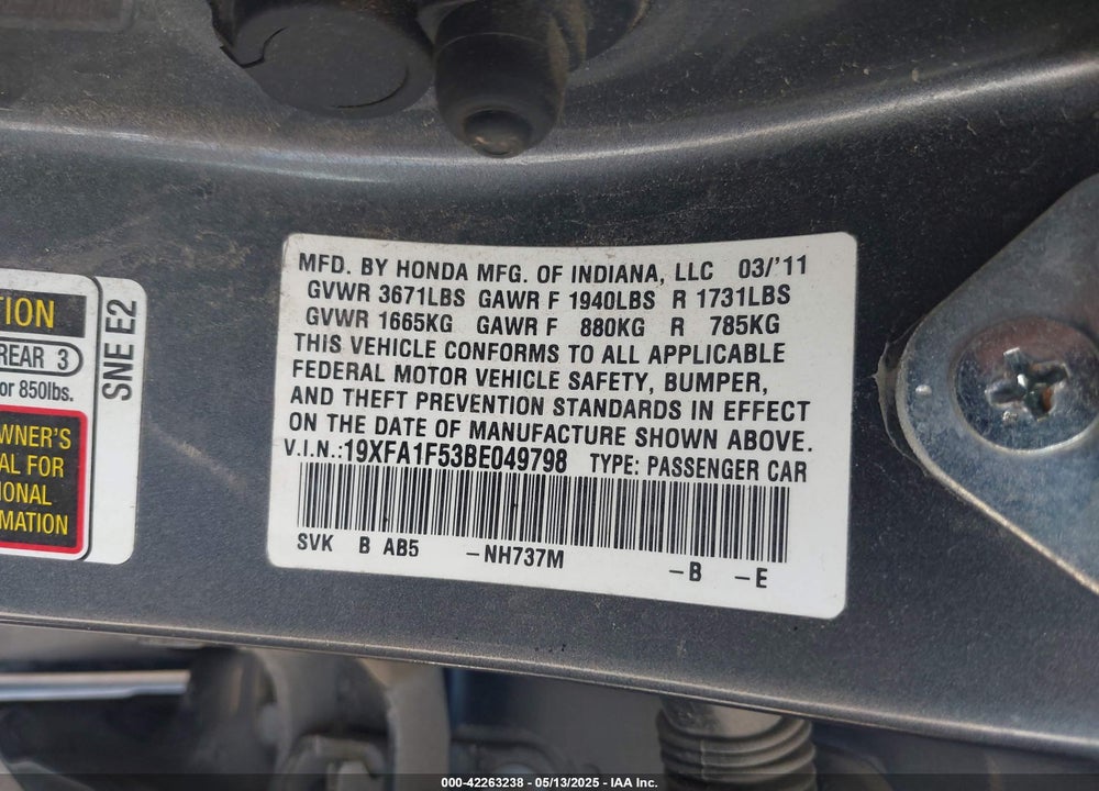 2011 HONDA CIVIC VIN: 19XFA1F53BE049798