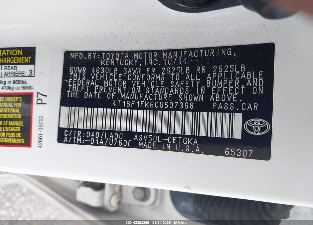 2012 TOYOTA CAMRY VIN: 4T1BF1FK6CU507368