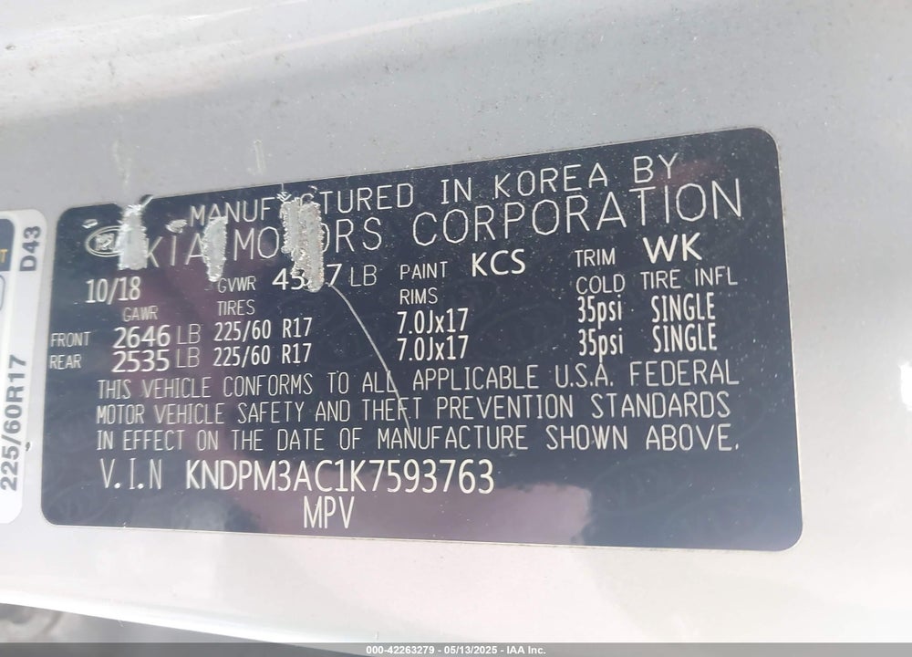 2019 KIA SPORTAGE VIN: KNDPM3AC1K7593763
