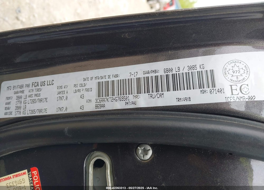 2017 RAM 1500 VIN: 3C6RR7KT2HG769501