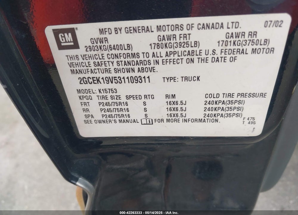 2003 CHEVROLET SILVERADO 1500 LS VIN: 2GCEK19V531109311