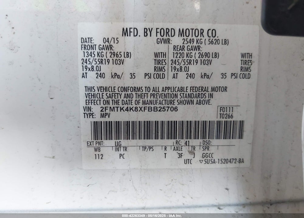 2015 FORD EDGE TITANIUM VIN: 2FMTK4K8XFBB25706