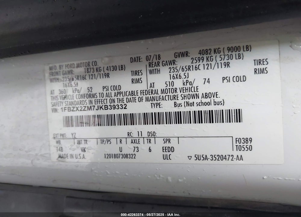 2018 FORD TRANSIT VIN: 1FBZX2ZM7JKB39332
