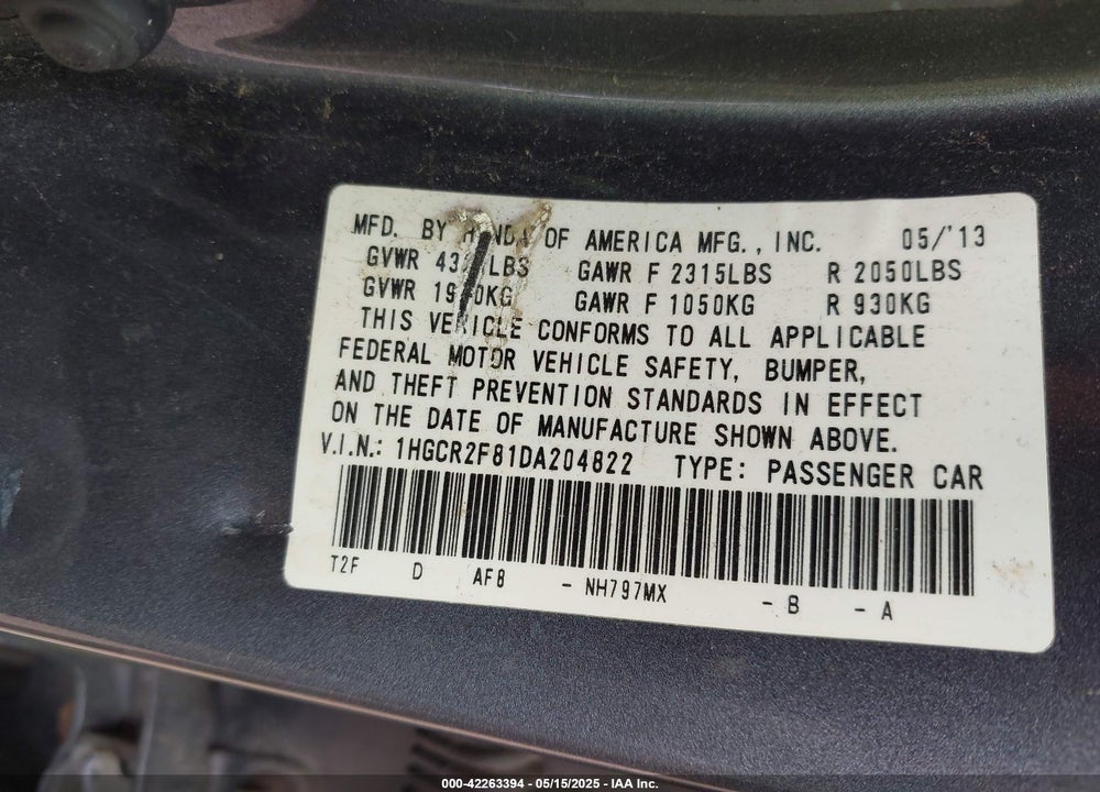 2013 HONDA ACCORD VIN: 1HGCR2F81DA204822