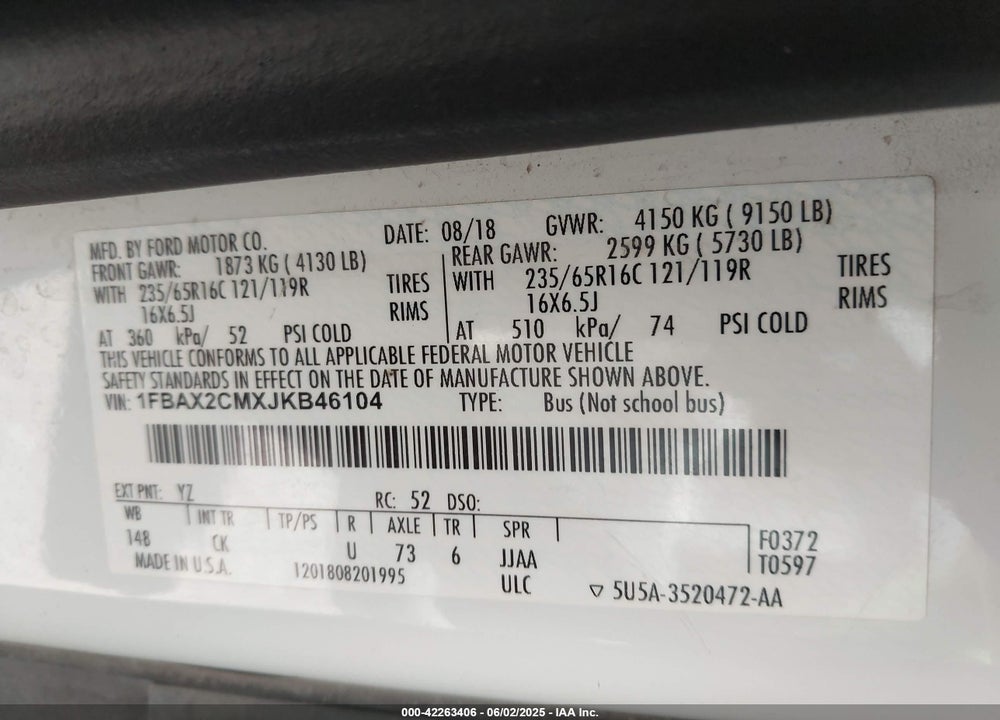 2018 FORD TRANSIT-350 VIN: 1FBAX2CMXJKB46104