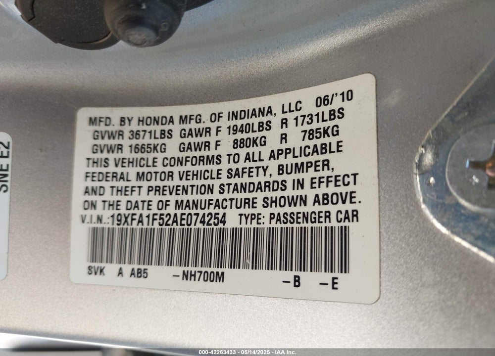2010 HONDA CIVIC VIN: 19XFA1F52AE074254