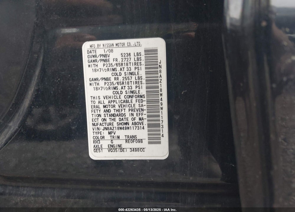 2009 NISSAN MURANO VIN: JN8AZ18W49W117314
