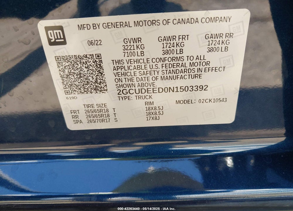 2022 CHEVROLET SILVERADO 1500 VIN: 2GCUDEED0N1503392
