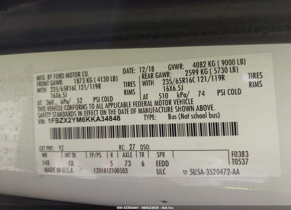 2019 FORD TRANSIT VIN: 1FBZX2YM6KKA34848