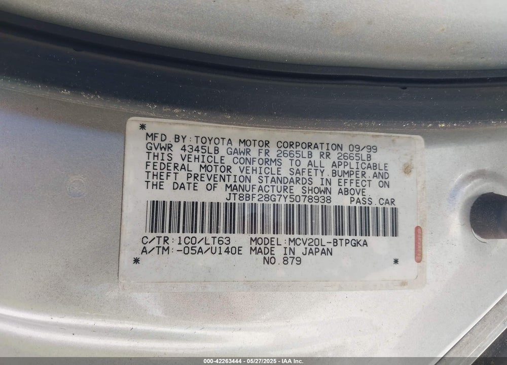 2000 LEXUS ES 300 VIN: JT8BF28G7Y5078938