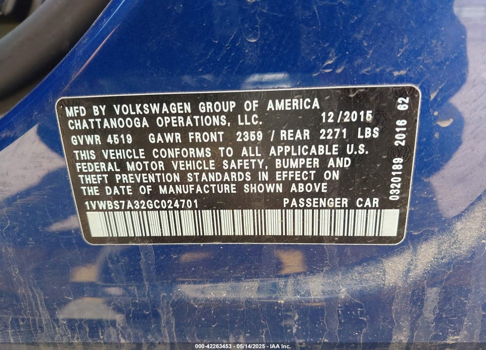 2016 VOLKSWAGEN PASSAT VIN: 1VWBS7A32GC024701