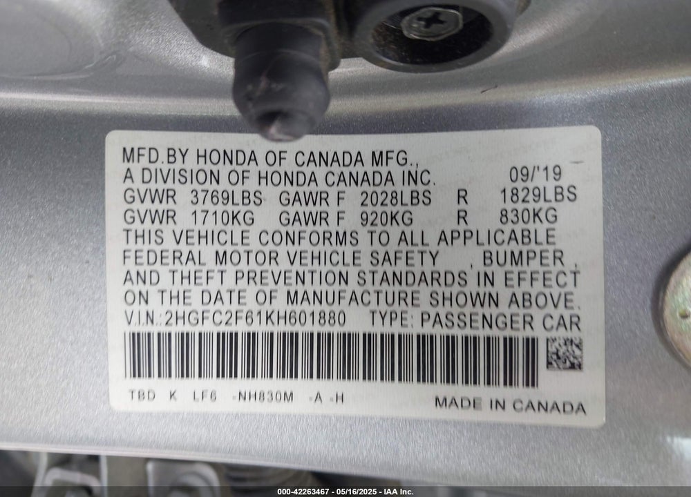 2019 HONDA CIVIC VIN: 2HGFC2F61KH601880