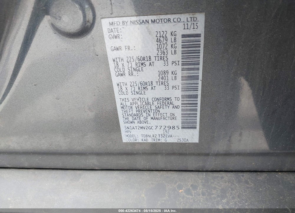 2016 NISSAN ROGUE VIN: 5N1AT2MV2GC772985