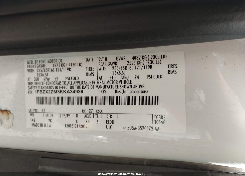 2019 FORD TRANSIT-350 VIN: 1FBZX2ZM8KKA34929