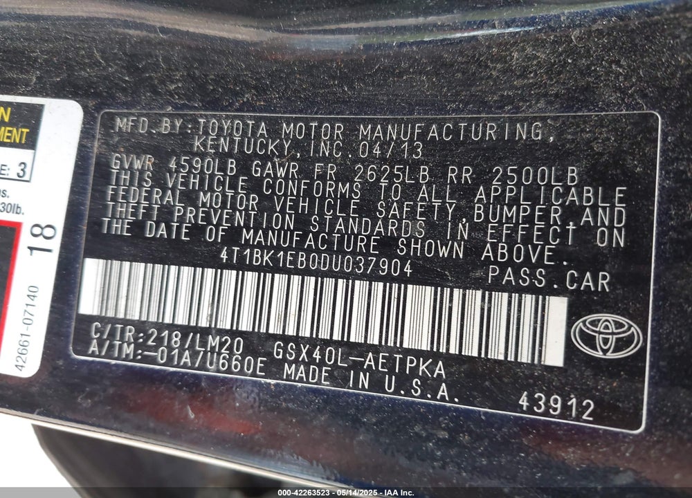 2013 TOYOTA AVALON VIN: 4T1BK1EB0DU037904