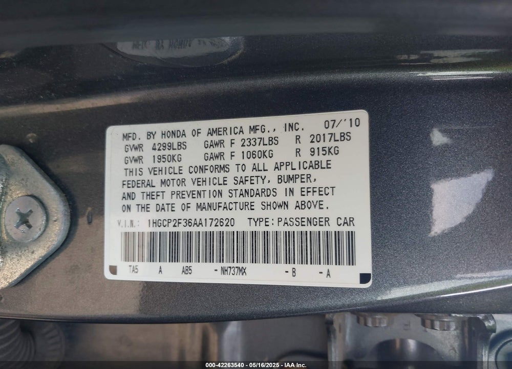 2010 HONDA ACCORD VIN: 1HGCP2F36AA172620