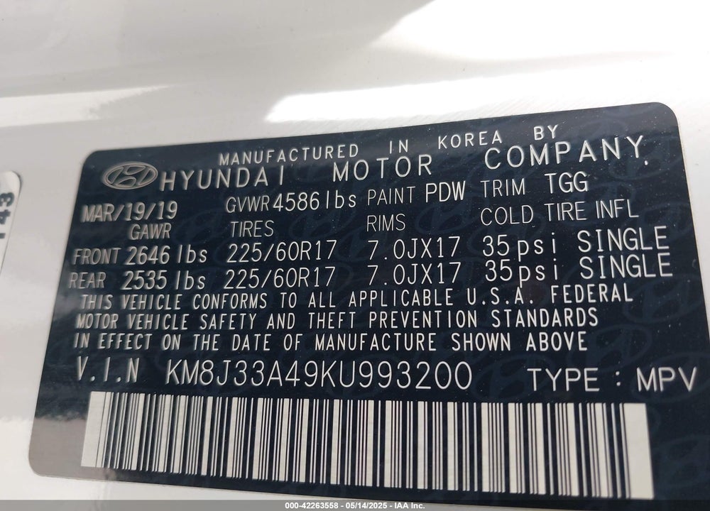 2019 HYUNDAI TUCSON VIN: KM8J33A49KU993200