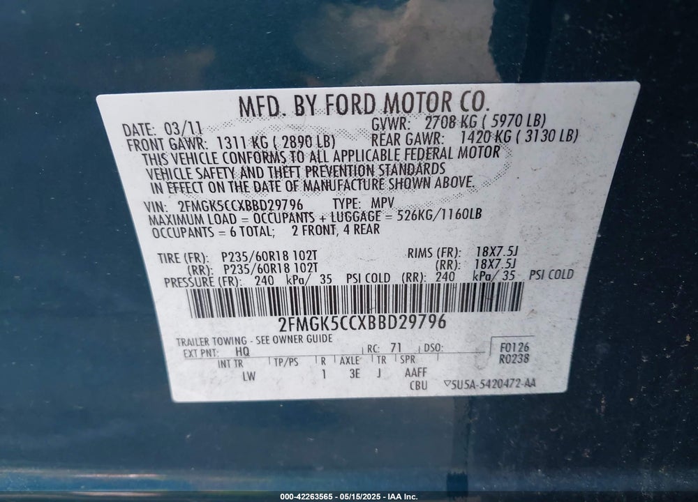 2011 FORD FLEX SEL VIN: 2FMGK5CCXBBD29796