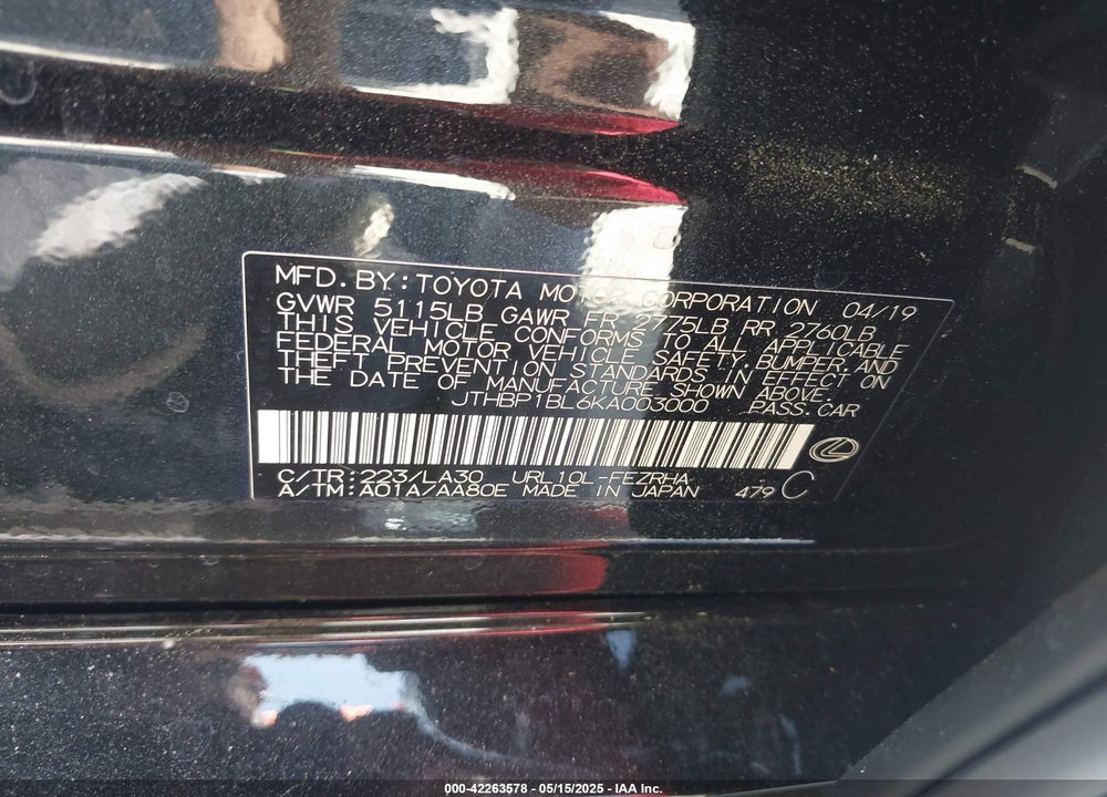 2019 LEXUS GS-F VIN: JTHBP1BL6KA003000