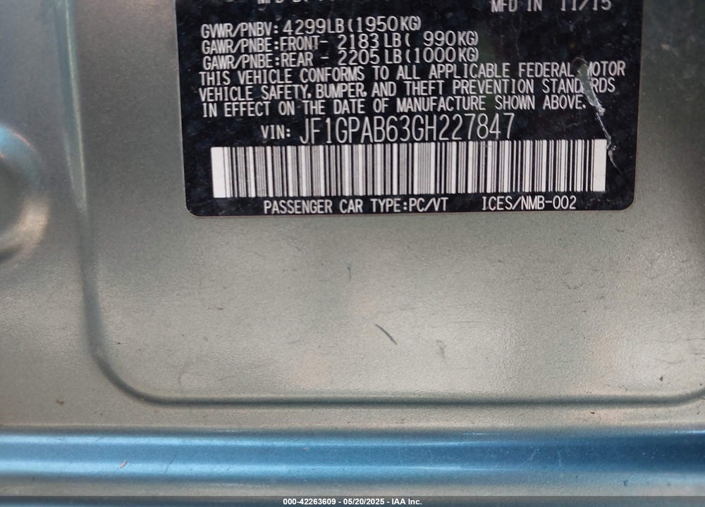 2016 SUBARU IMPREZA VIN: JF1GPAB63GH227847