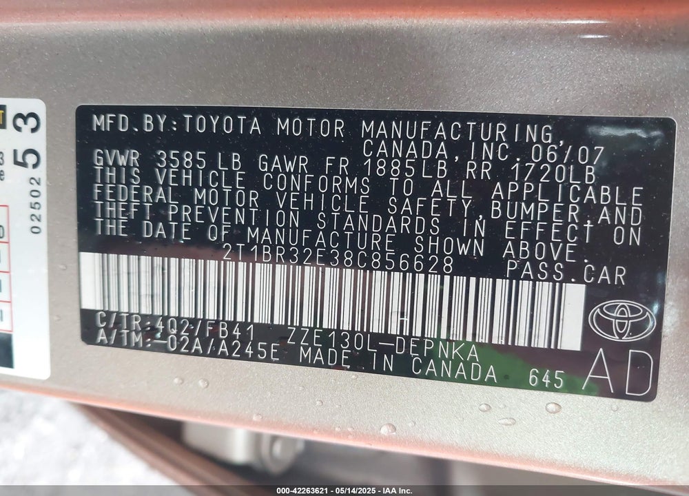 2008 TOYOTA COROLLA VIN: 2T1BR32E38C856628