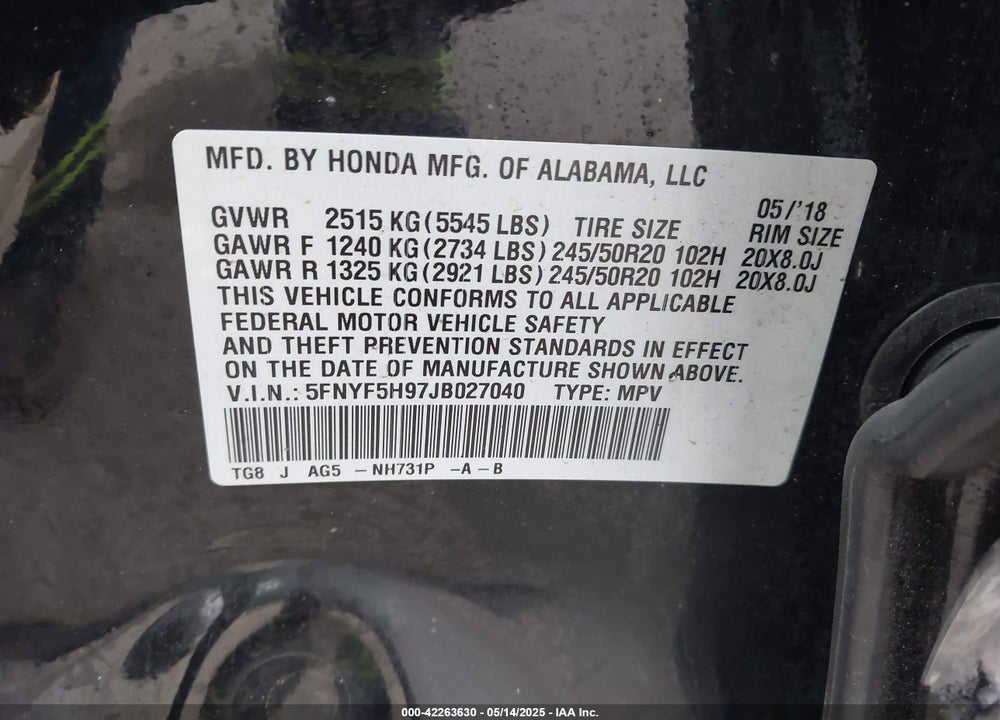 2018 HONDA PILOT VIN: 5FNYF5H97JB027040