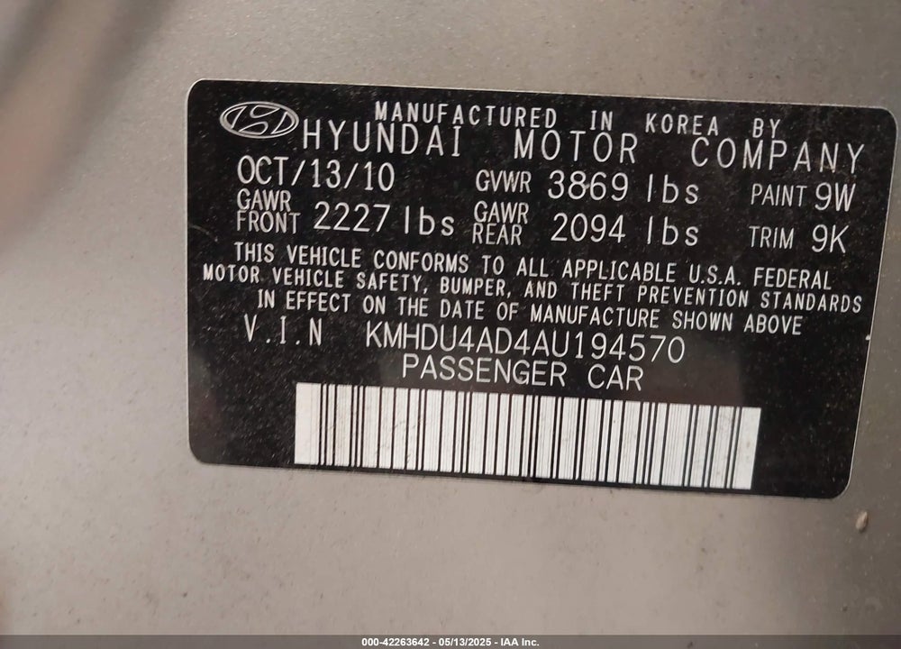2010 HYUNDAI ELANTRA VIN: KMHDU4AD4AU194570