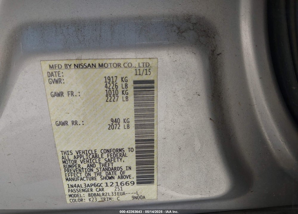 2016 NISSAN ALTIMA 2.5 SL VIN: 1N4AL3AP6GC121669