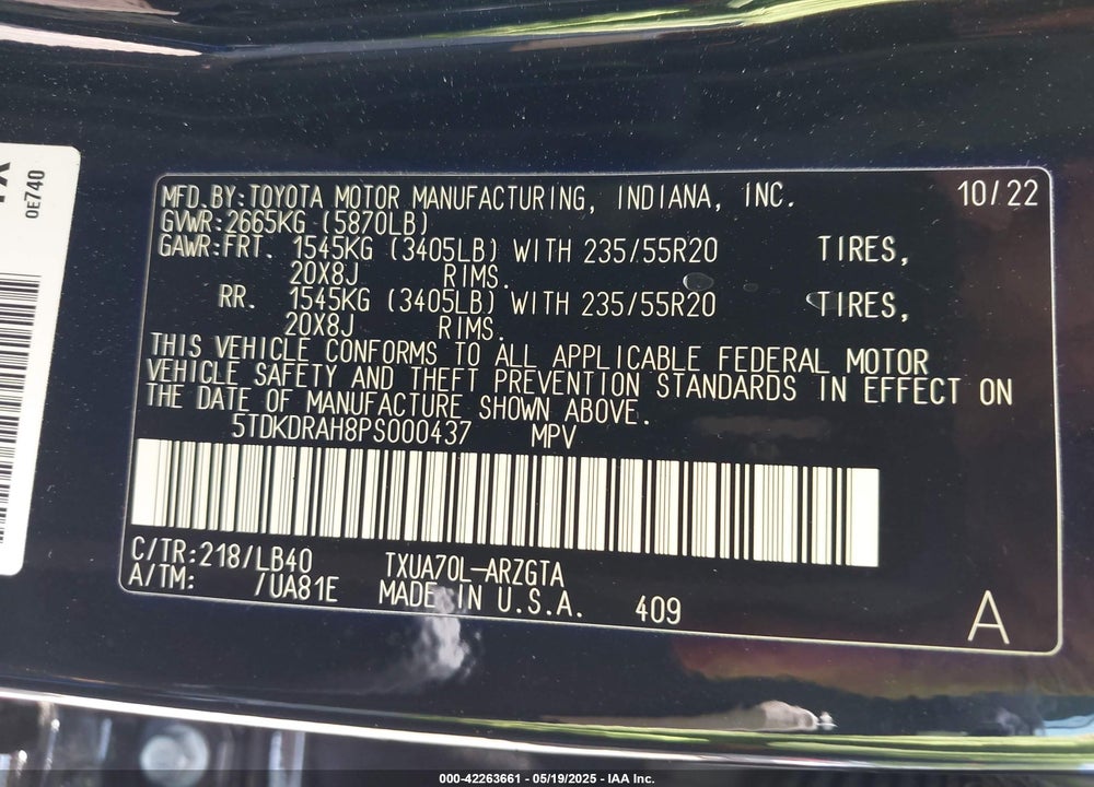 2023 TOYOTA HIGHLANDER LIMITED VIN: 5TDKDRAH8PS000437