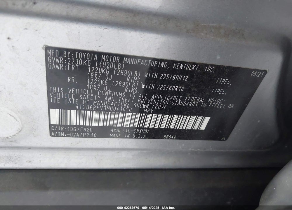 2021 TOYOTA RAV4 HYBRID XLE PREMIUM VIN: 4T3B6RFV0MU041650