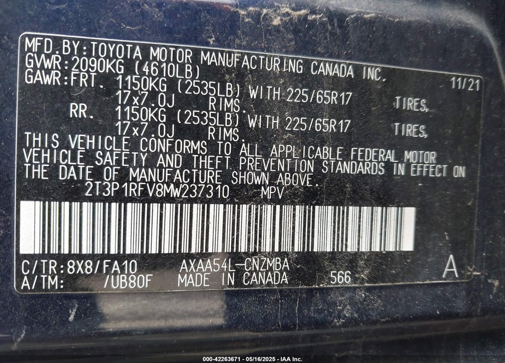 2021 TOYOTA RAV4 XLE VIN: 2T3P1RFV8MW237310