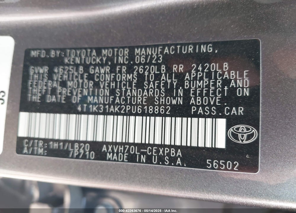 2023 TOYOTA CAMRY VIN: 4T1K31AK2PU618862