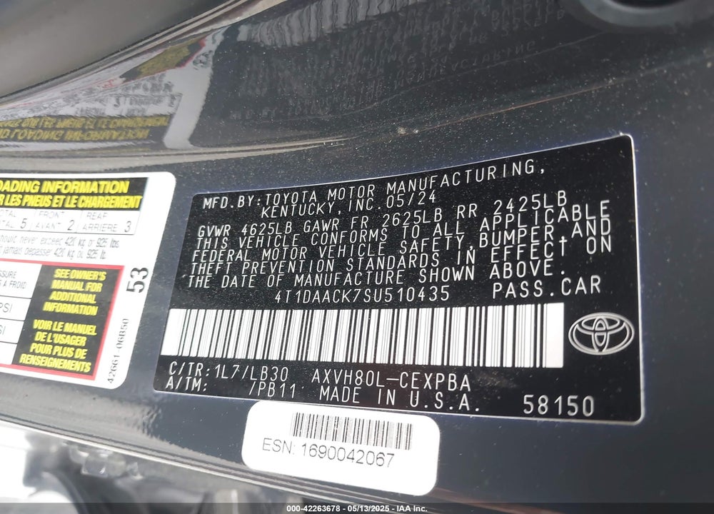 2025 TOYOTA CAMRY VIN: 4T1DAACK7SU510435