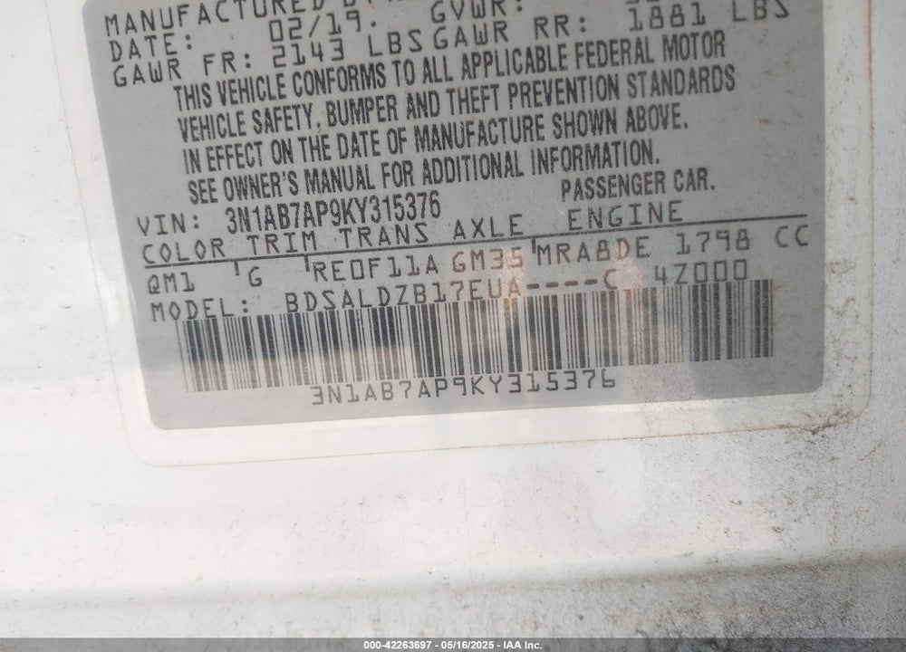 2019 NISSAN SENTRA VIN: 3N1AB7AP9KY315376