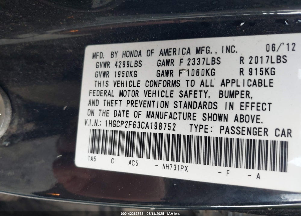 2012 HONDA ACCORD VIN: 1HGCP2F63CA198752